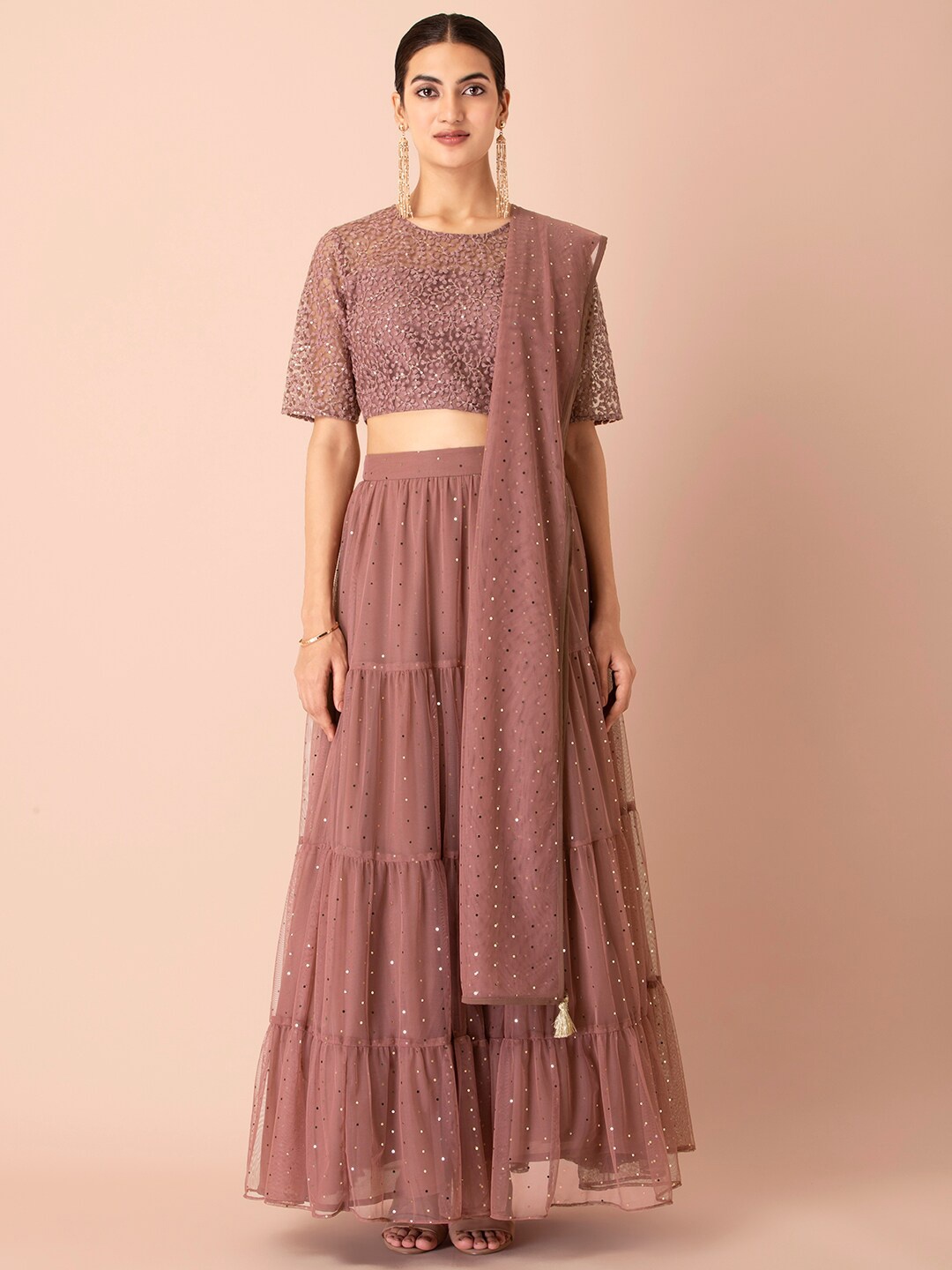 

INDYA Pink & Gold-Toned Foil Tasselled Dupatta