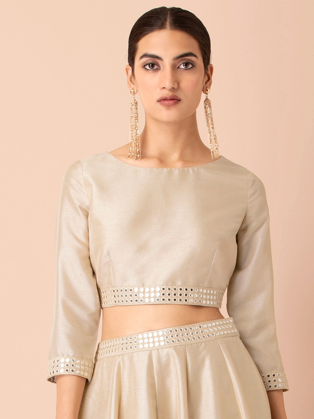 

INDYA Beige Embellished Regular Crop Top