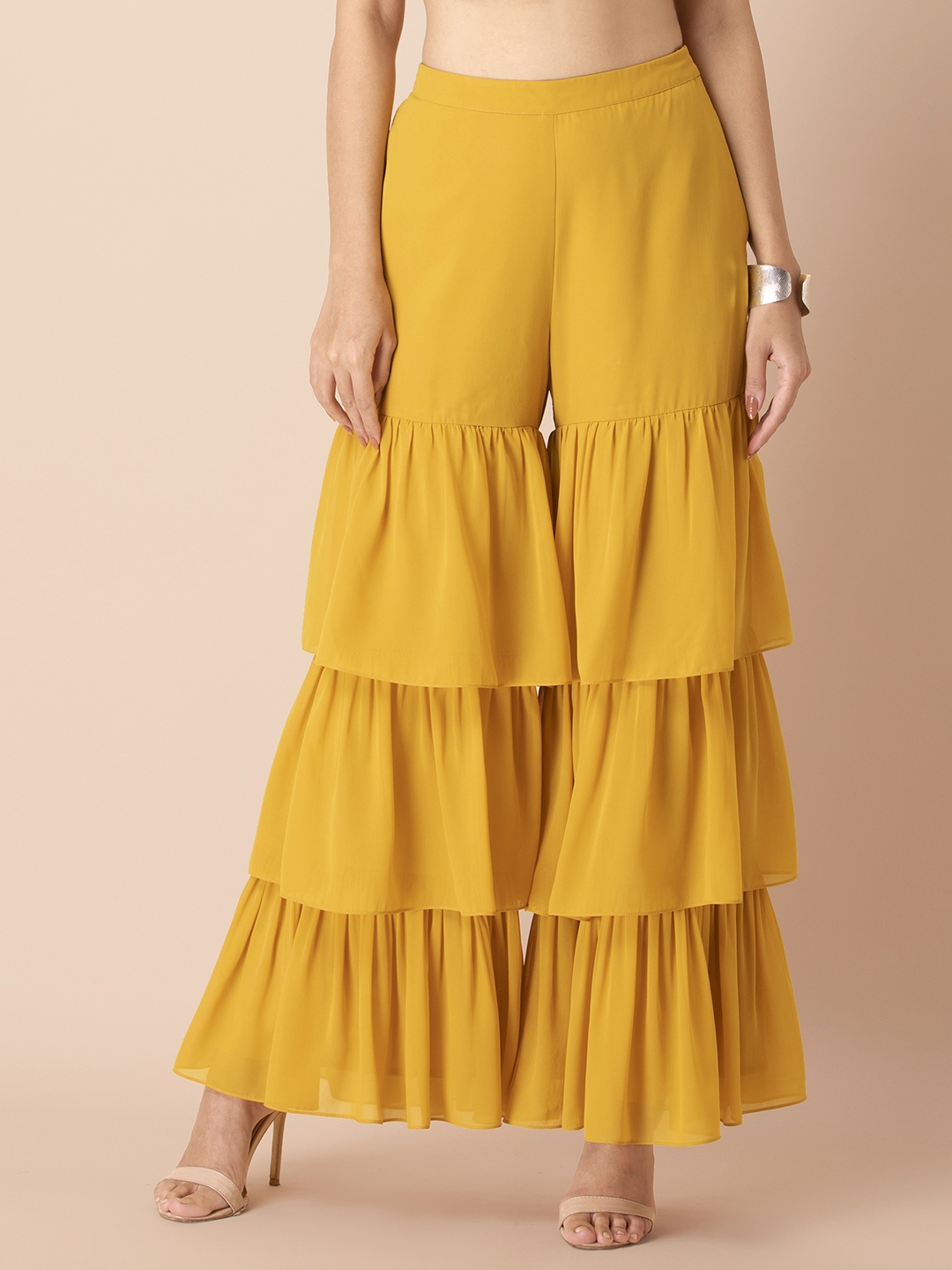 

INDYA Shraddha Kapoor Women Mustard Yellow Tiered Ruffled Sharara Pants