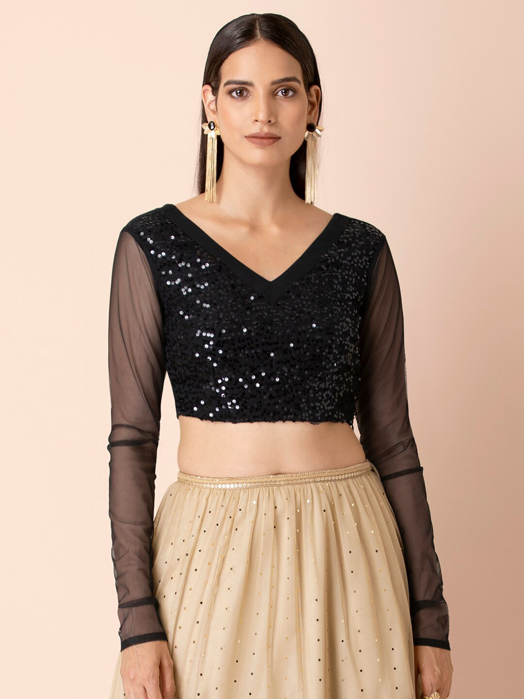 

INDYA Black Embellished Sequined Fitted Crop Top