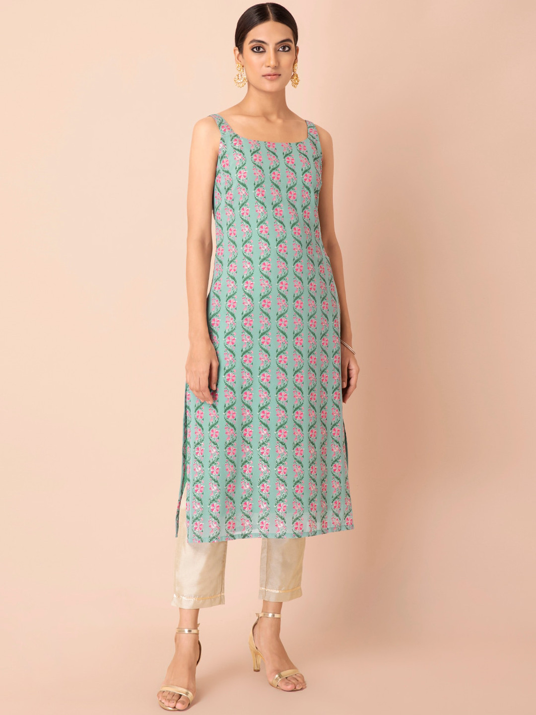 

INDYA Women Green Geometric Printed Keyhole Neck Georgette Kurta
