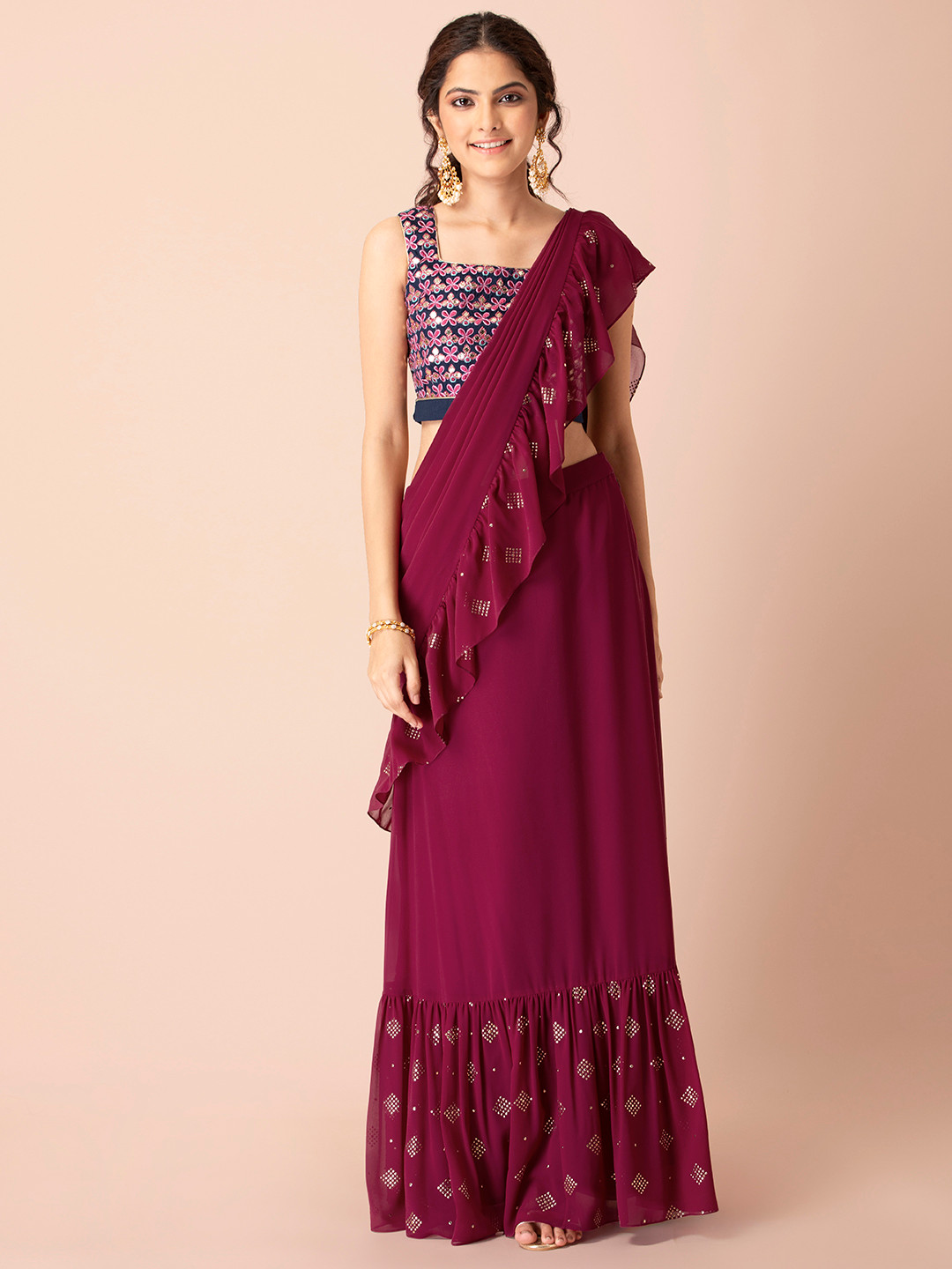 

INDYA Shraddha Kapoor Purple & Gold Embellished Mukaish Saree