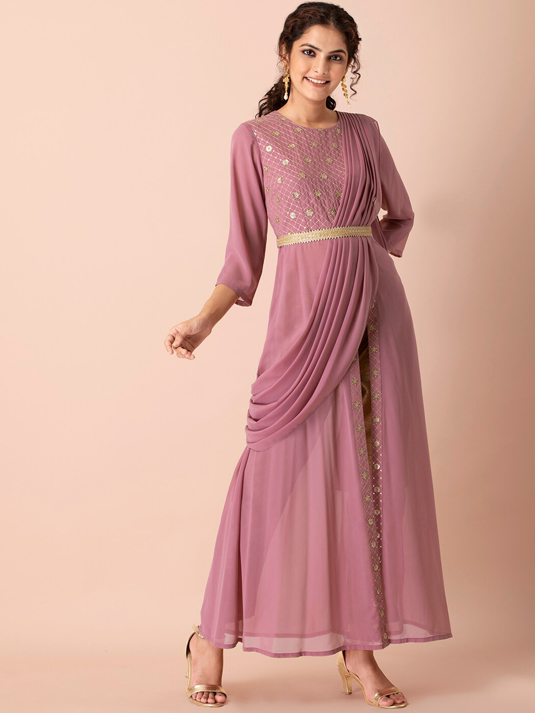 

INDYA Women Pink & Gold-Toned Embellished Georgette Anarkali Kurta with Attached Dupatta