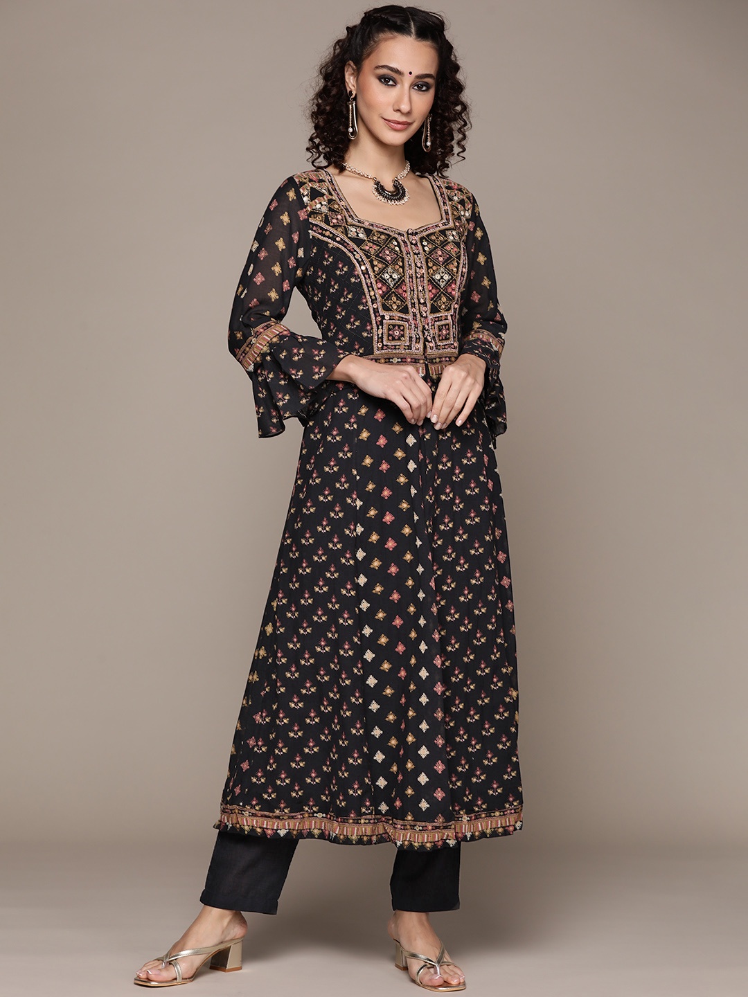 

Ritu Kumar Women Black Printed Angrakha Kurta with Trousers