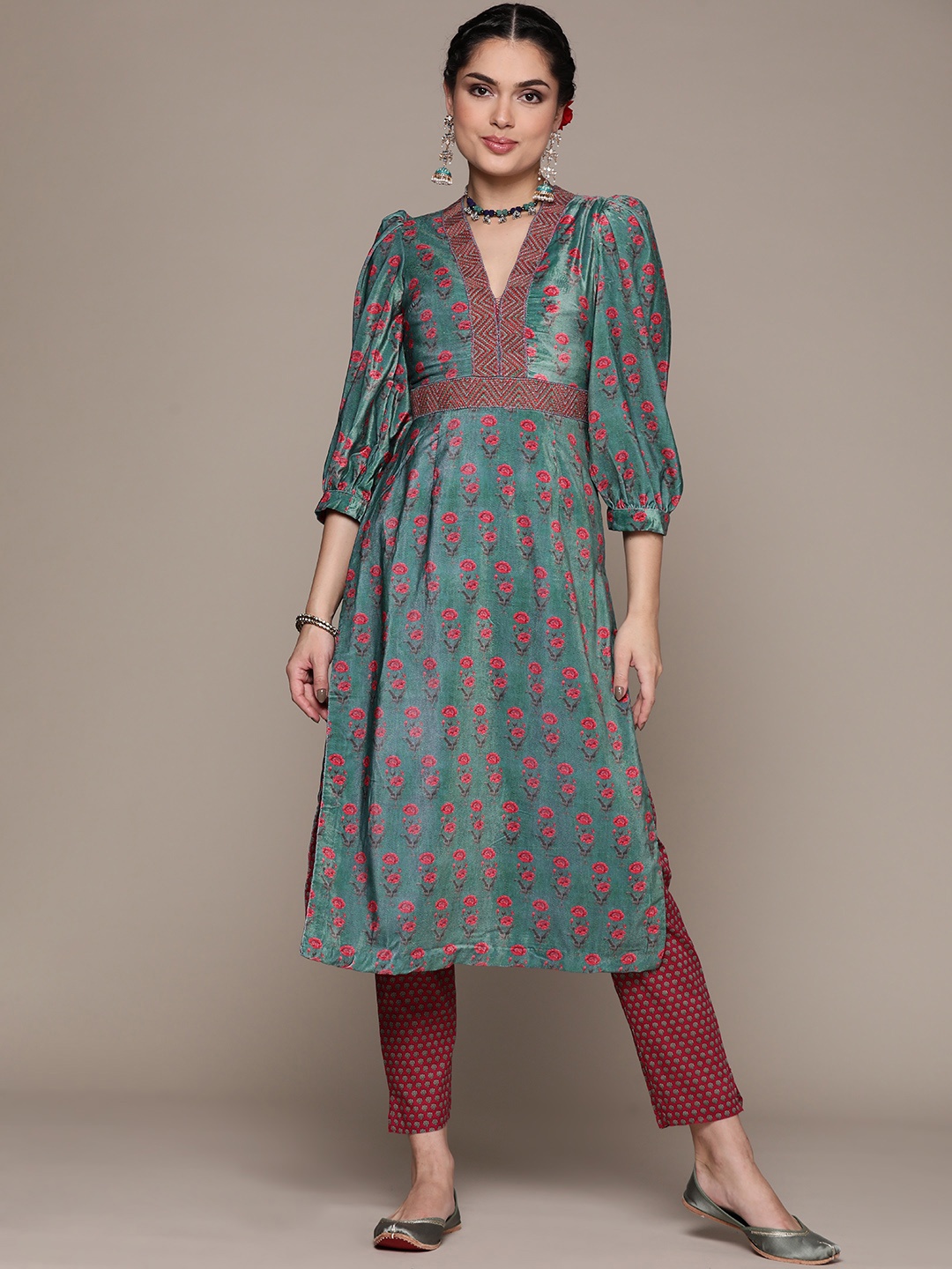 

Ritu Kumar Women Blue Floral Printed Regular Velvet Kurta with Trousers