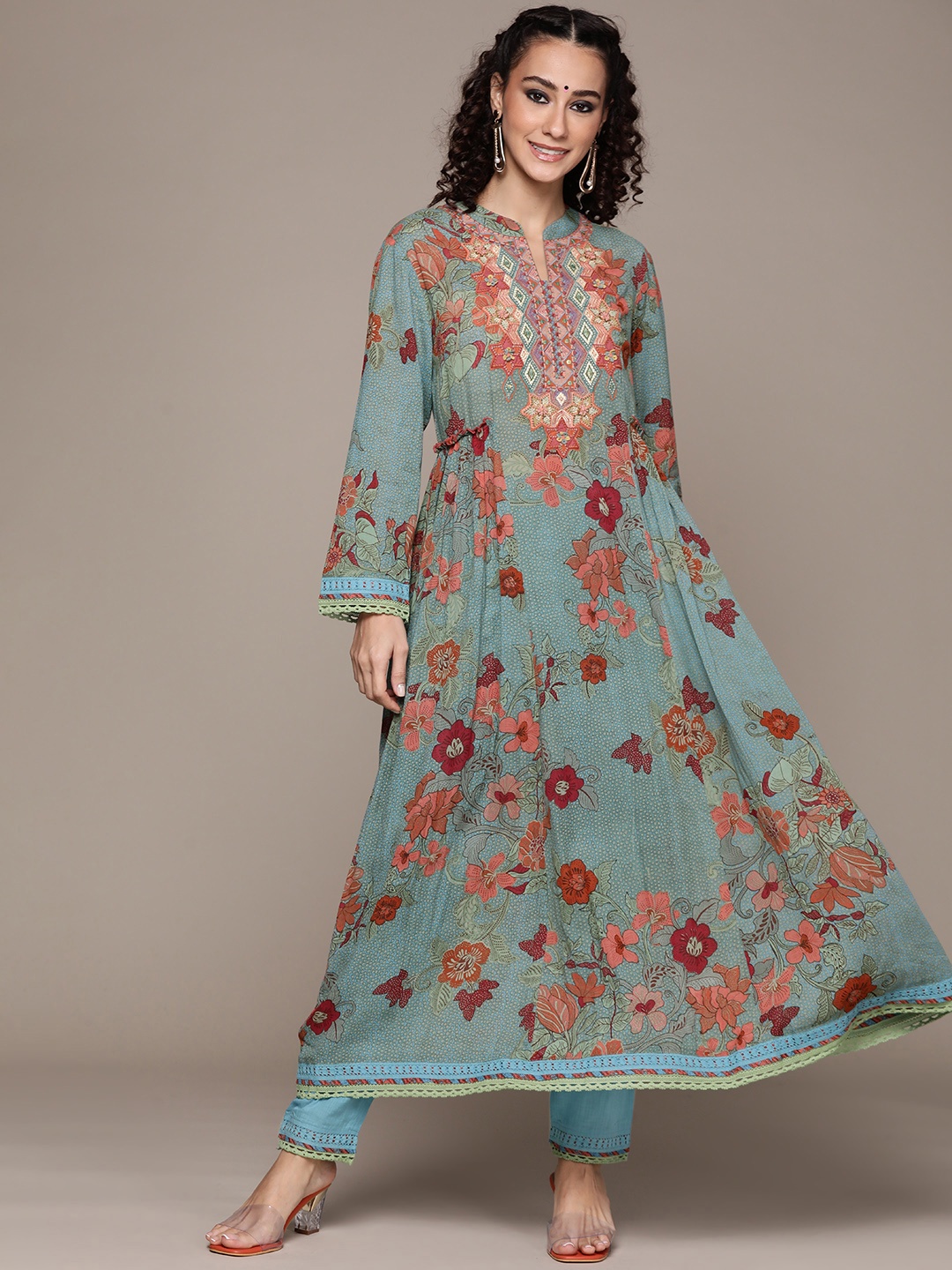 

Ritu Kumar Women Blue Floral Printed Angrakha Kurta with Trousers