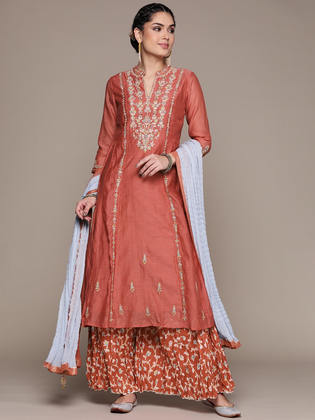 

Ritu Kumar Women Red Floral Embroidered Regular Kurta with Palazzos & With Dupatta
