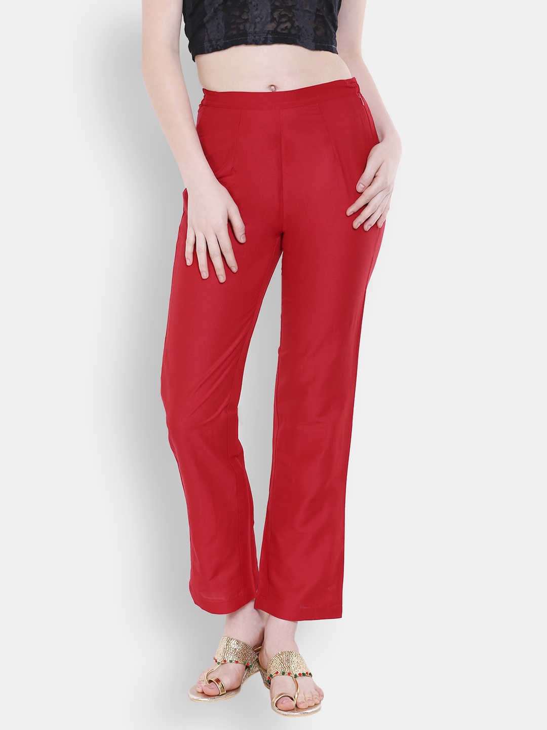 

Indian Ink Women Red Solid Flat-Front Trousers
