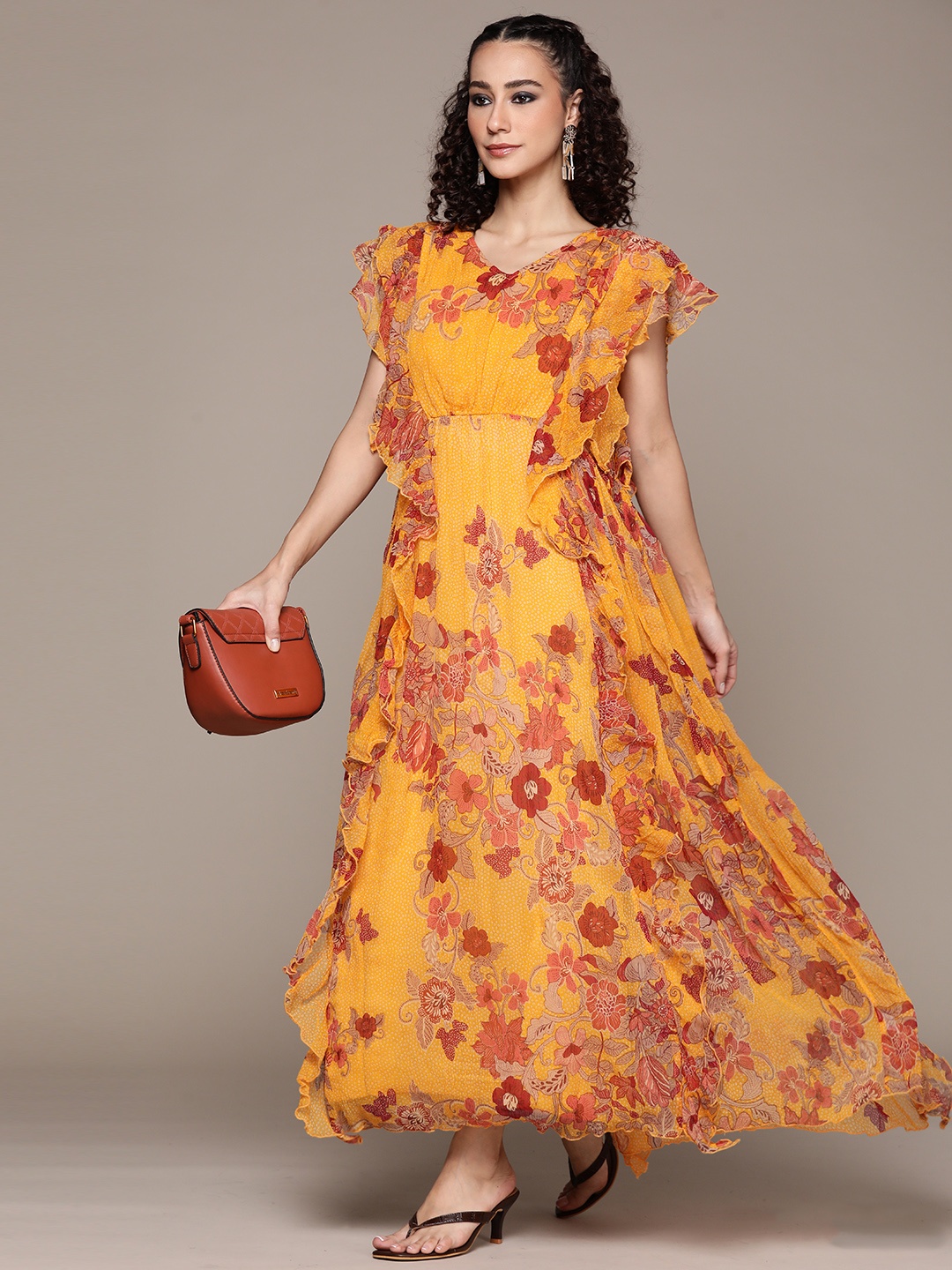 

Ritu Kumar Yellow & Red Floral Chiffon Maxi Dress with Camisole