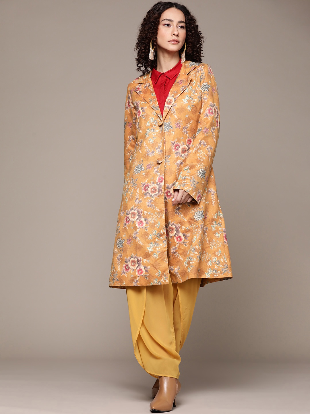 

Ritu Kumar Women Yellow Floral Suede Longline Coat