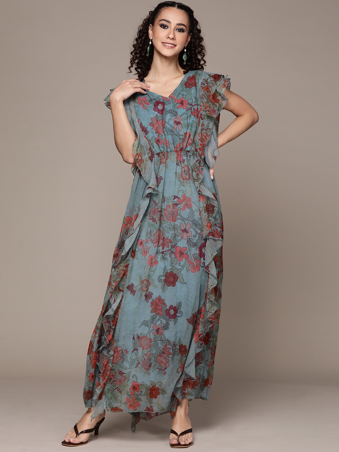 

Ritu Kumar Blue Floral Chiffon Maxi Dress With Camisole