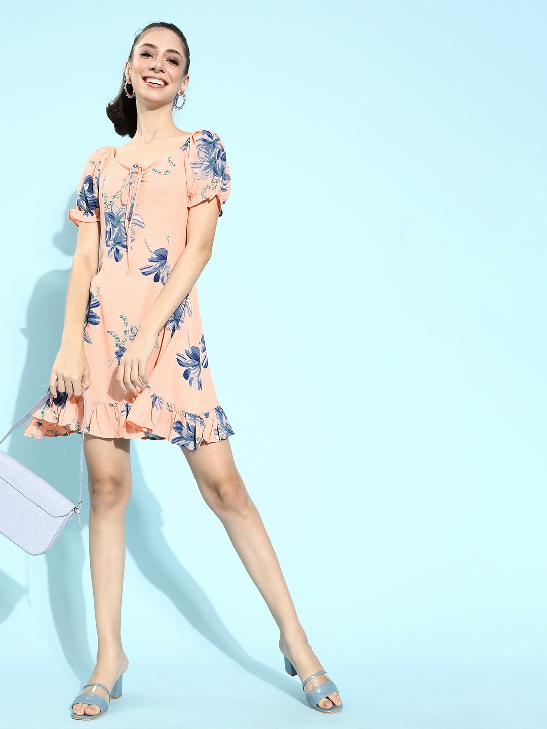 

Berrylush Pink & Blue Floral Tie-Up Neck A-Line Dress