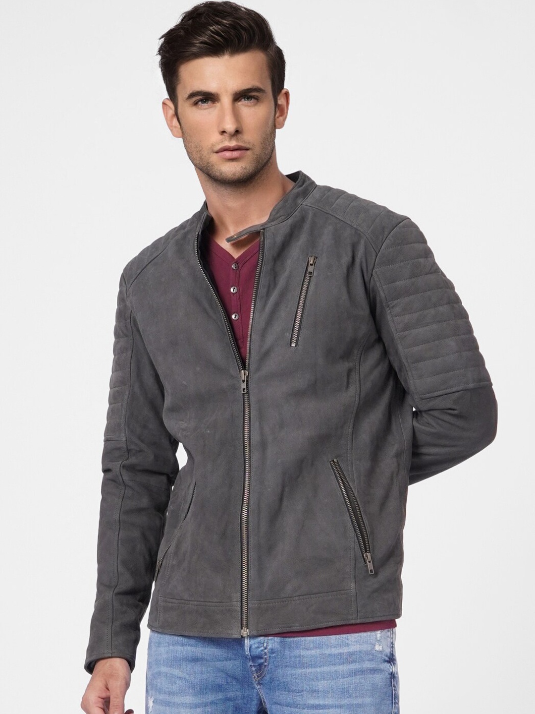 

Jack & Jones Men Grey Leather Tailored Jacket