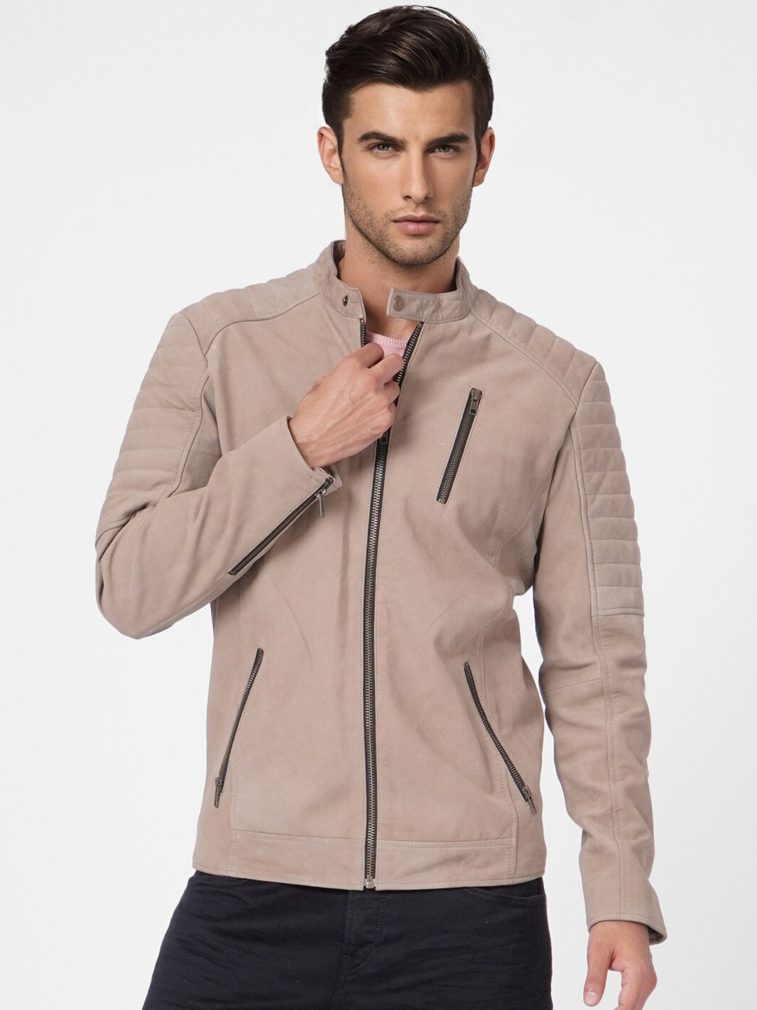 

Jack & Jones Men Beige Leather Jacket