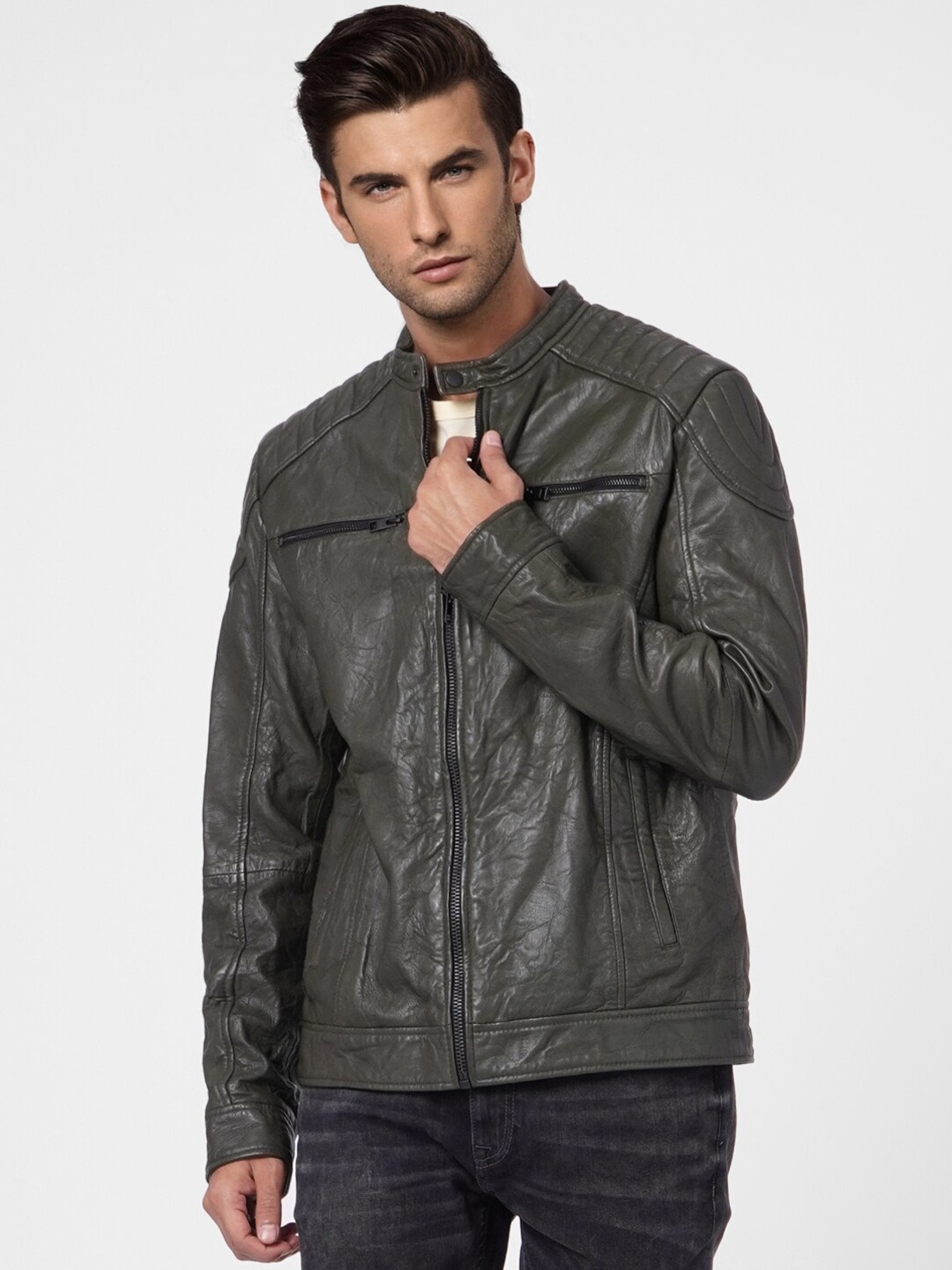 

Jack & Jones Men Olive Green Leather Biker Jacket