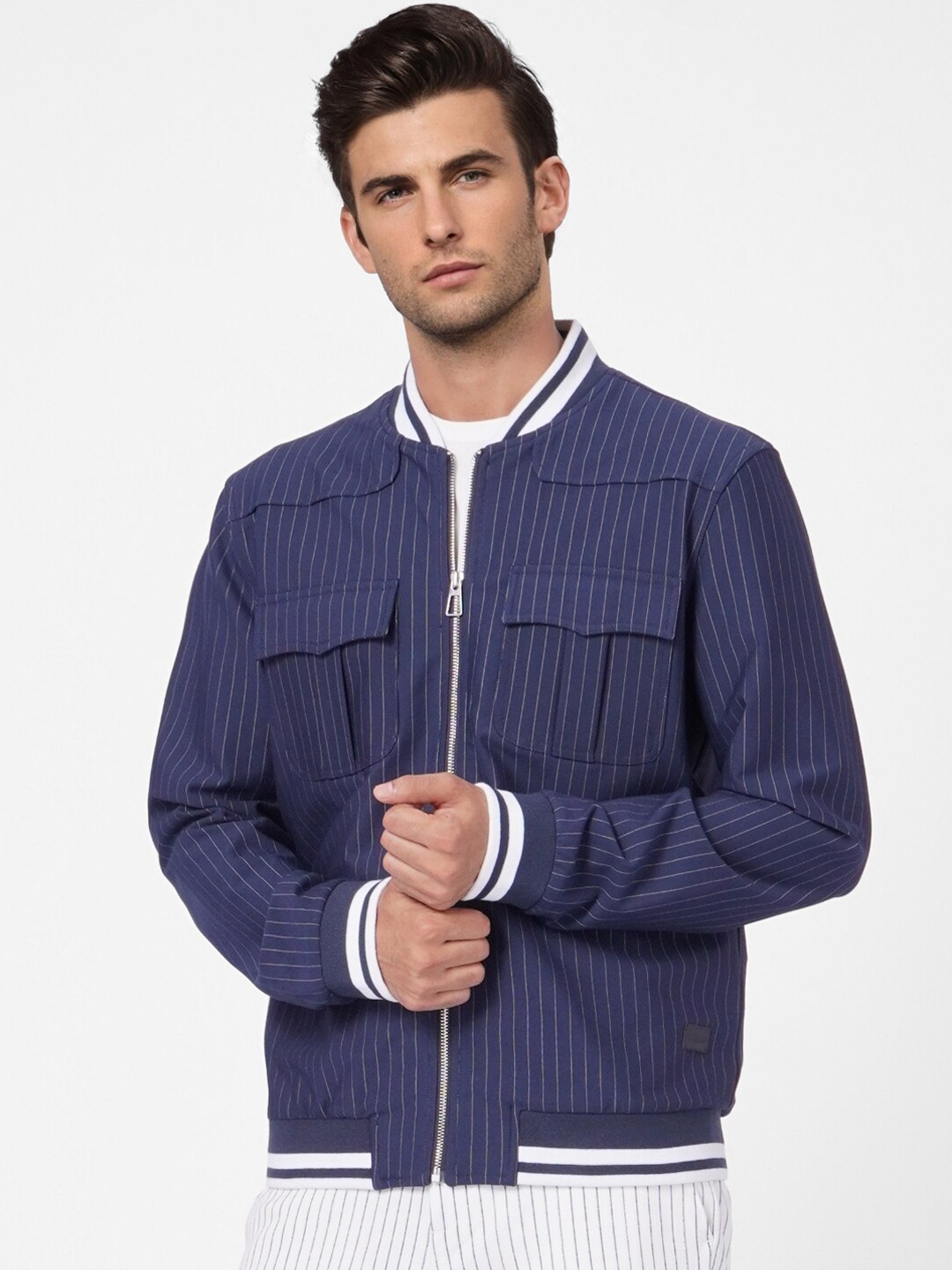 

Jack & Jones Men Navy Blue White Striped Leather Crop Bomber Jacket