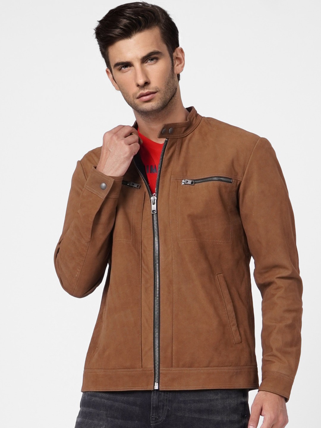 

Jack & Jones Men Brown Leather Tailored Jacket