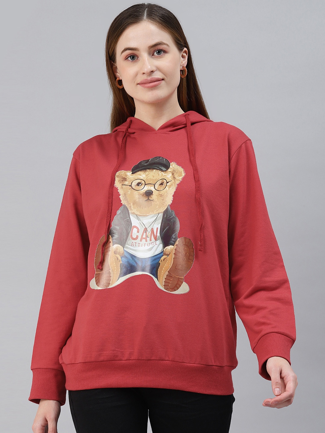 

plusS Plus Size Women Red Printed Fleece Hooded Sweatshirt