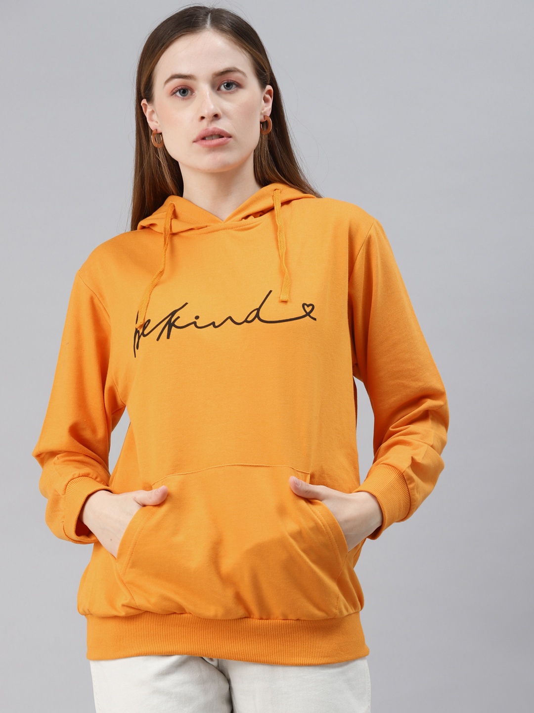 

plusS Plus Size Women Orange Printed Fleece Hooded Sweatshirt