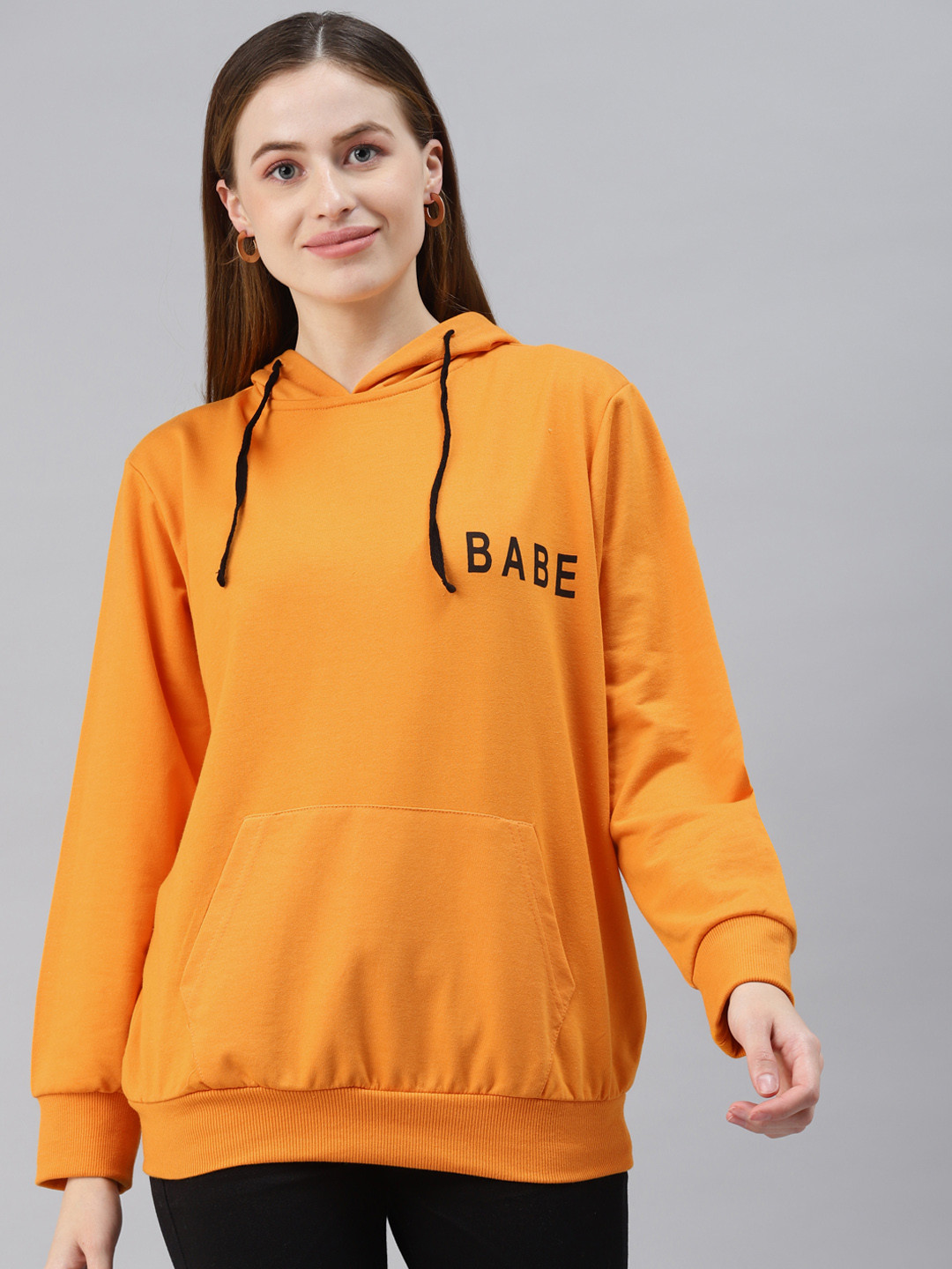 

plusS Plus Size Women Orange Printed Fleece Hooded Sweatshirt