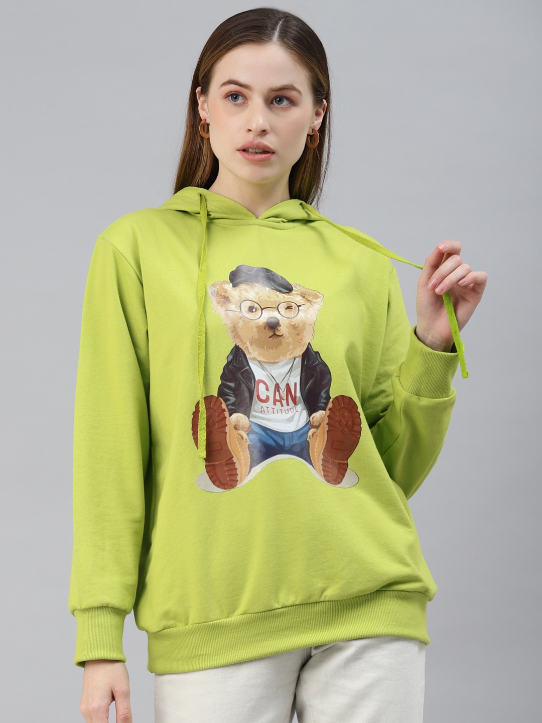 

plusS Plus Size Women Green Printed Fleece Hooded Sweatshirt
