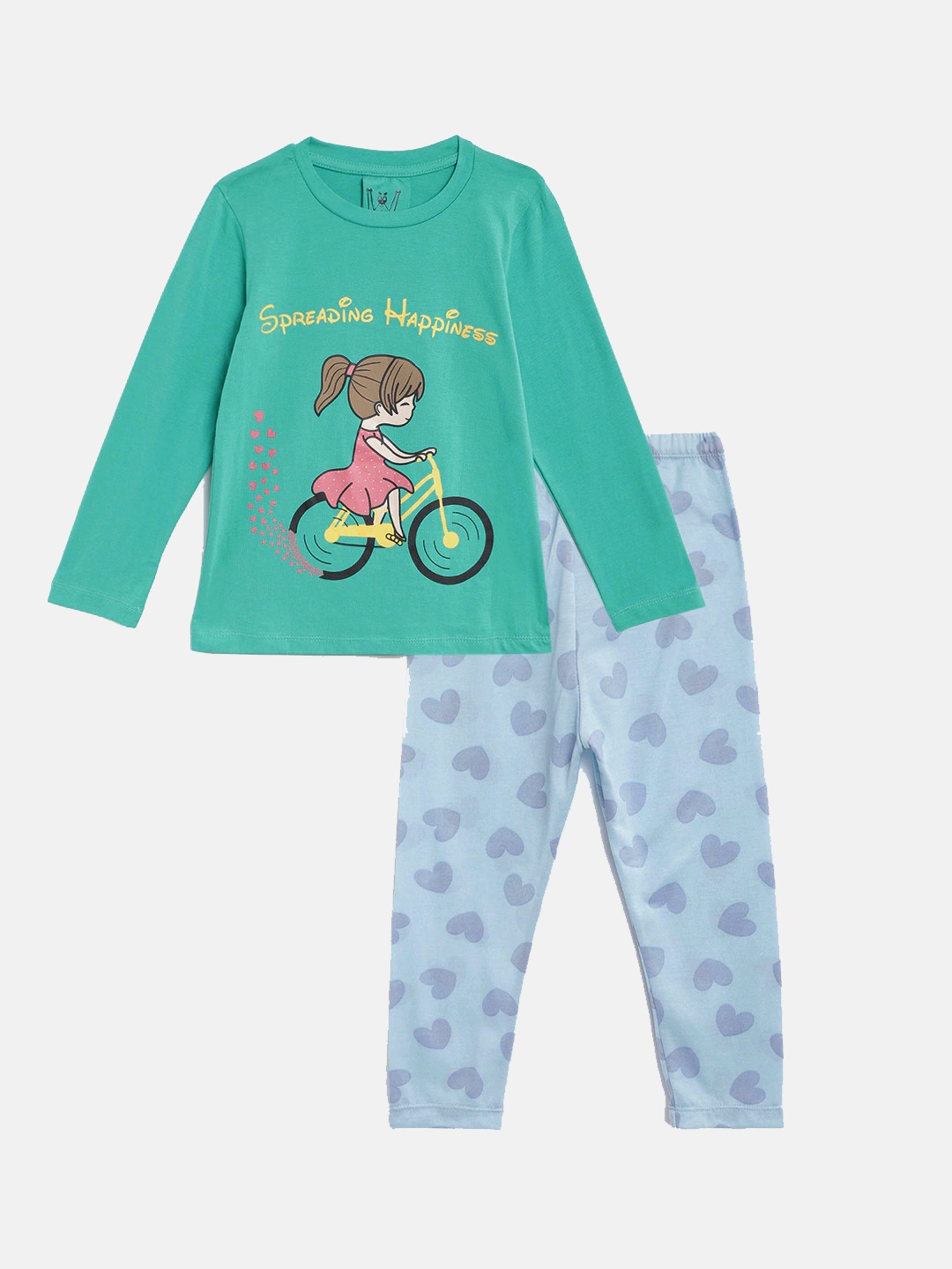 

Wyld Sprog Girls Teal & Blue Printed Night suit