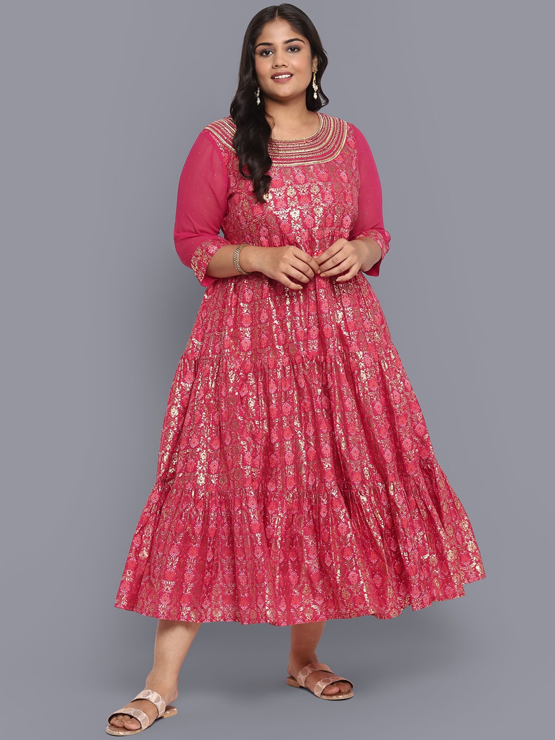 

AURELIA Pink Ethnic Motifs A-Line Midi Dress