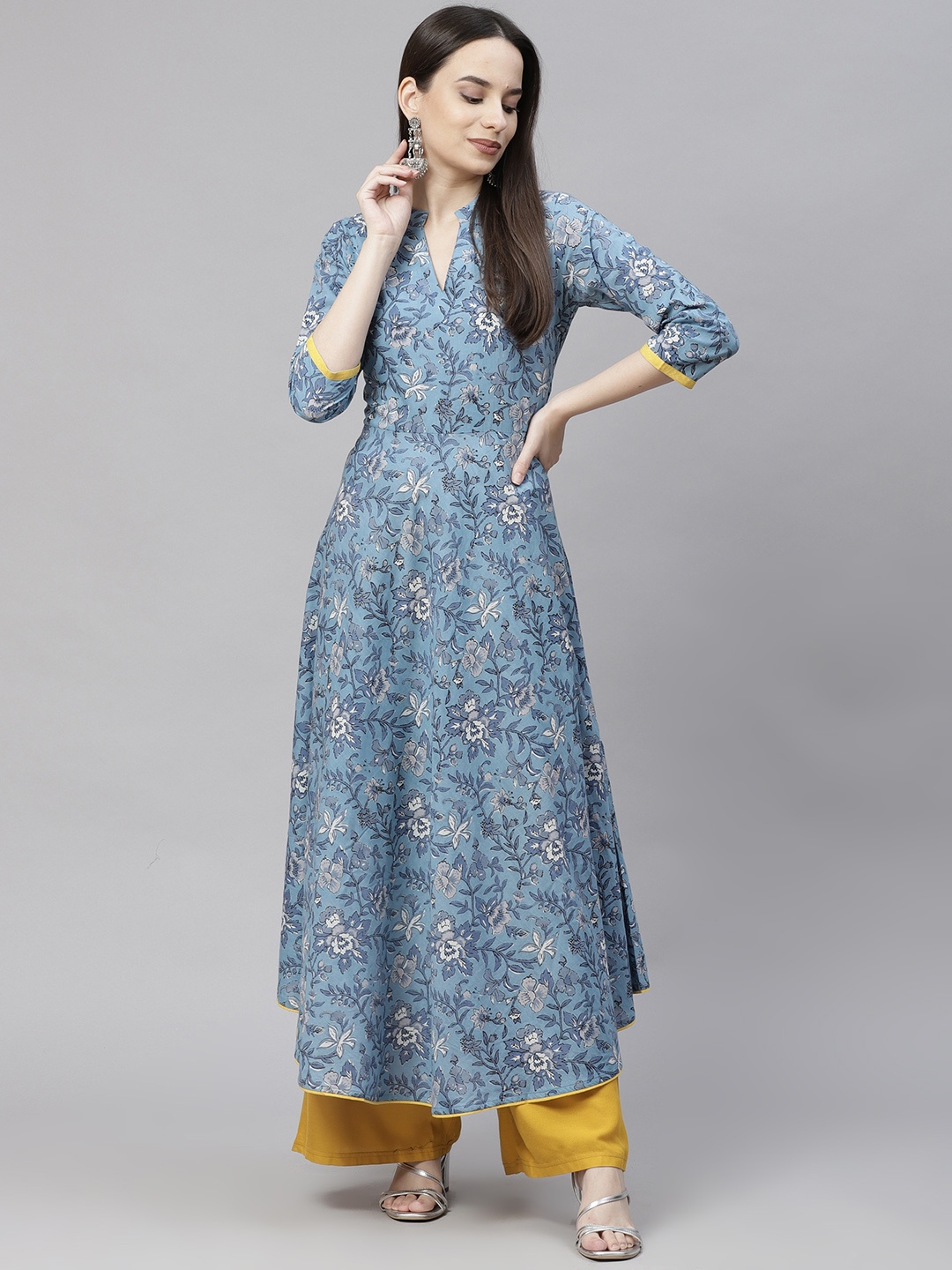 

Aasiya Women Blue Floral Printed Cotton Anarkali Kurta