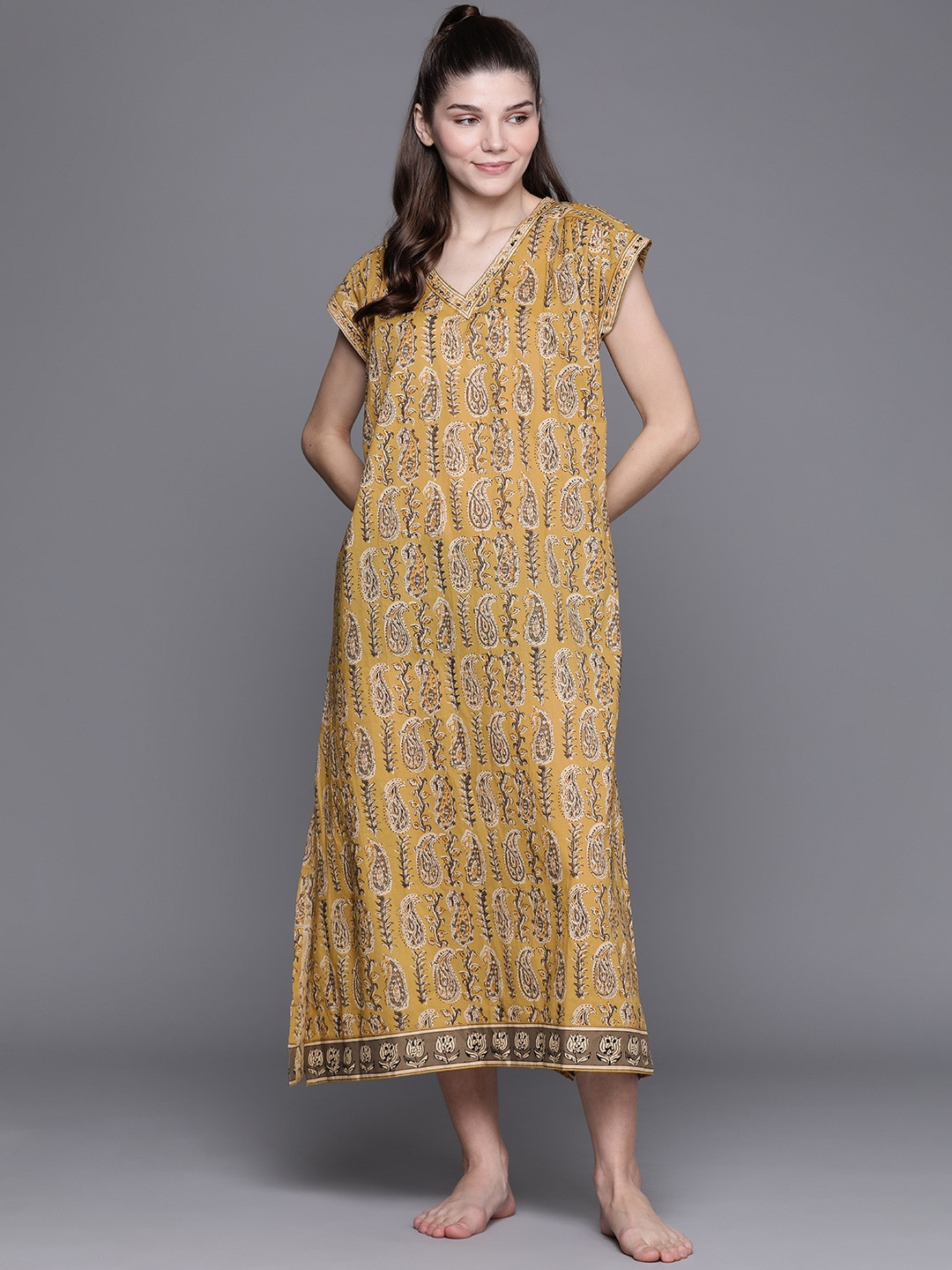 

Biba Women's Mustard Geometrical Printed Maxi Night Dress