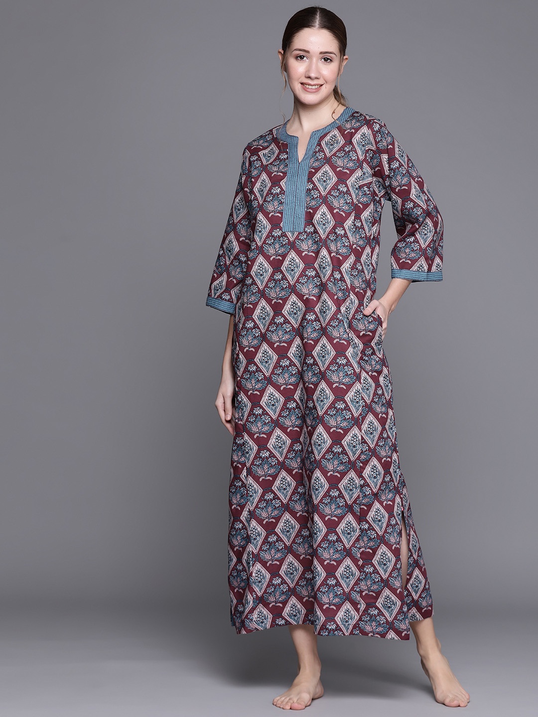 

Biba Women's Maroon Geometrical Printed Maxi Night Dress