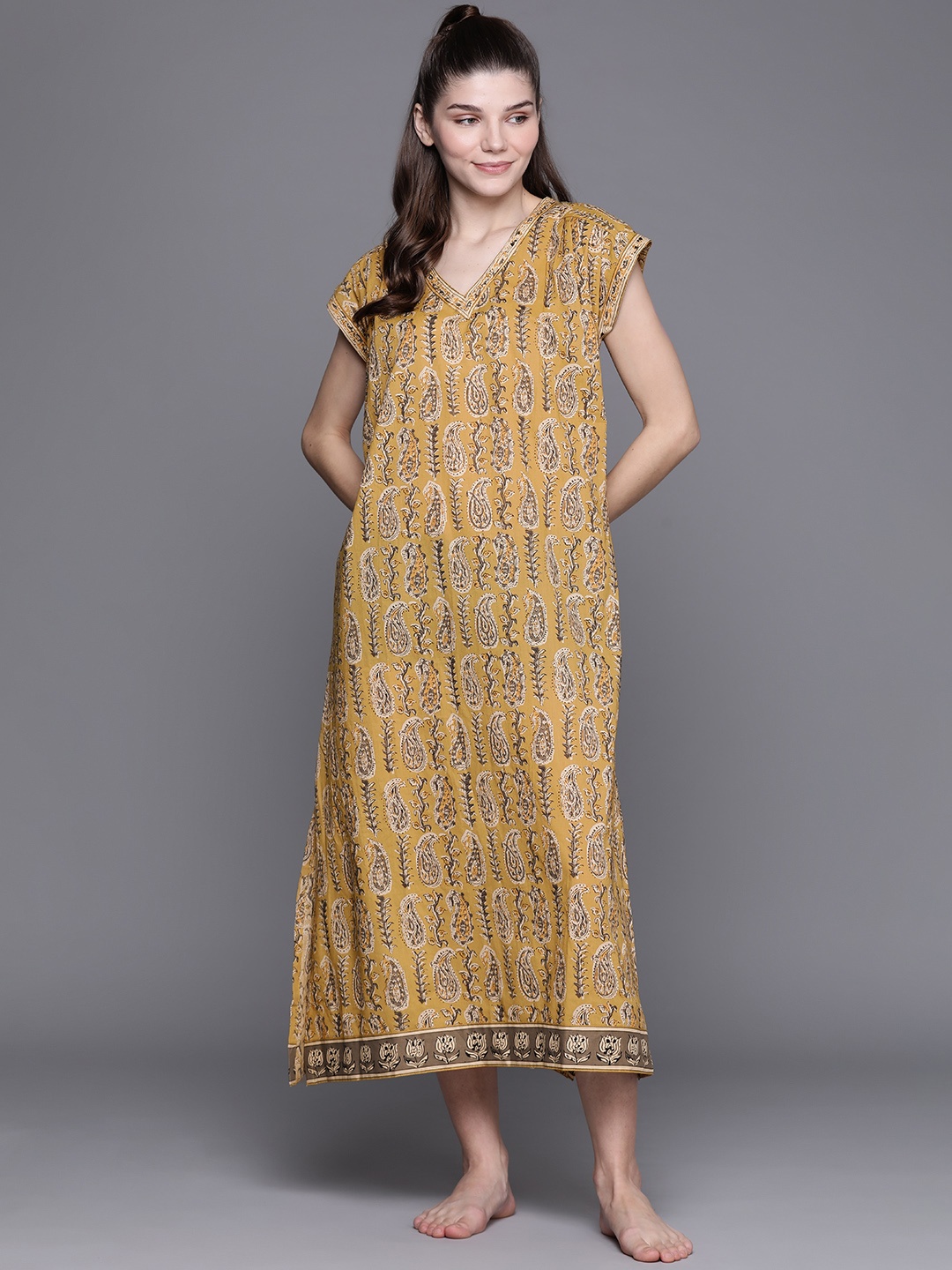 

Biba Women's Mustard Geometrical Printed Maxi Night Dress