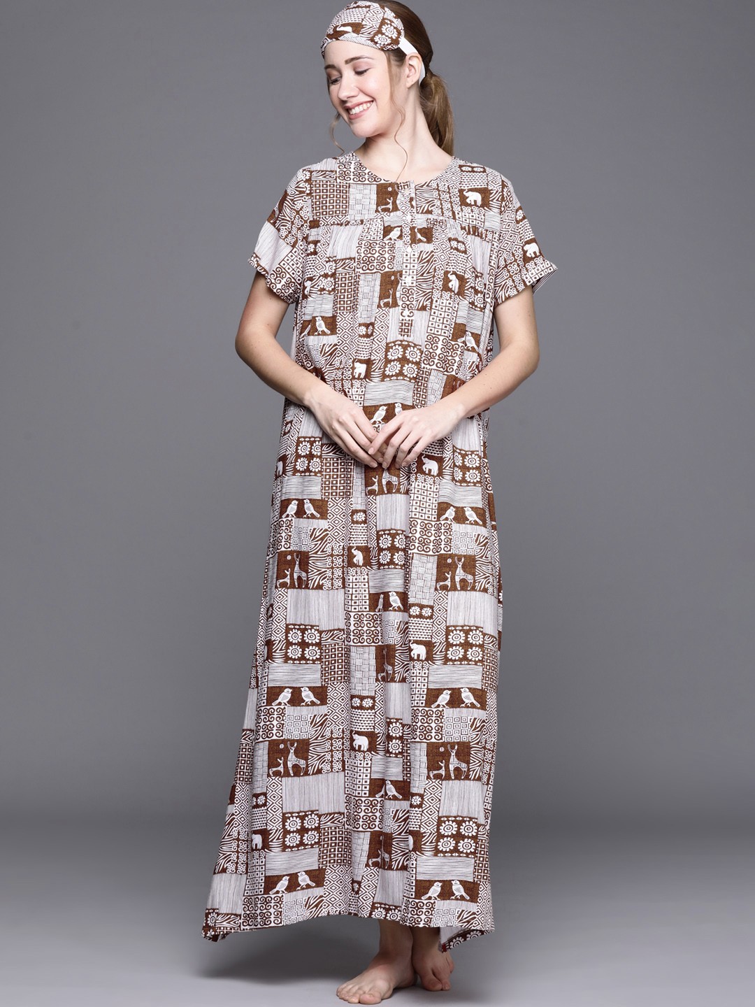 

Biba Women's Brown Geometrical Printed Maxi Night Dress