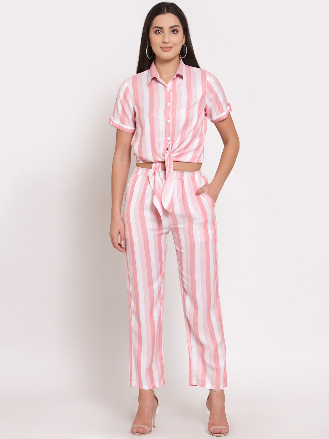 

LUCERO Women Pink & White Striped Co-Ords