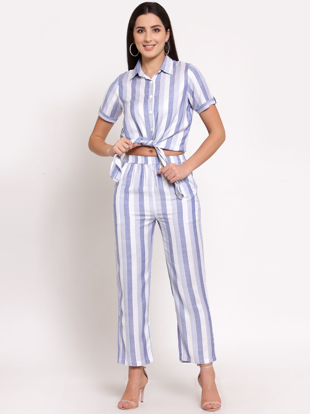 

LUCERO Women Blue & White Striped Co-Ords