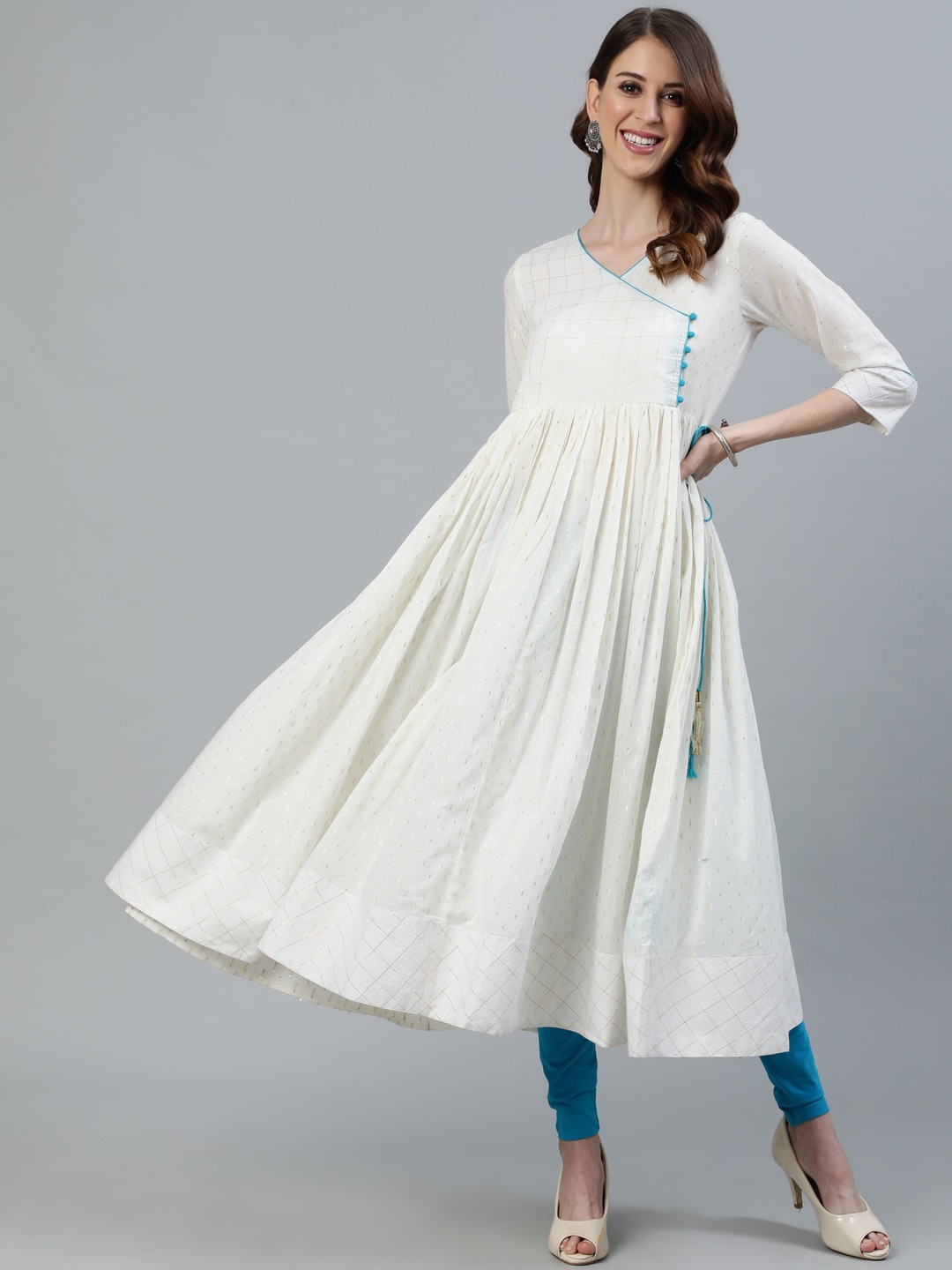 

Jaipur Kurti Women White Striped Thread Work Dobby Anarkali Kurta