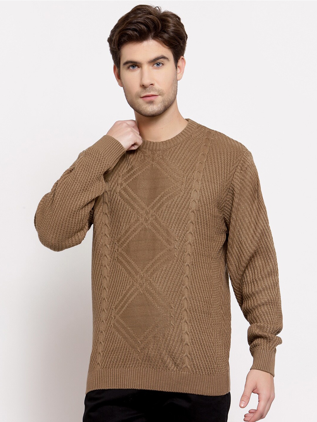 

Style Quotient Men Brown Cable Knit Acrylic Pullover