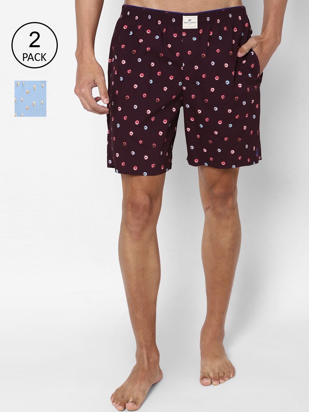 

SIMON CARTER LONDON Pack Of 2 Men Maroon & Blue Pure Cotton Printed Boxers