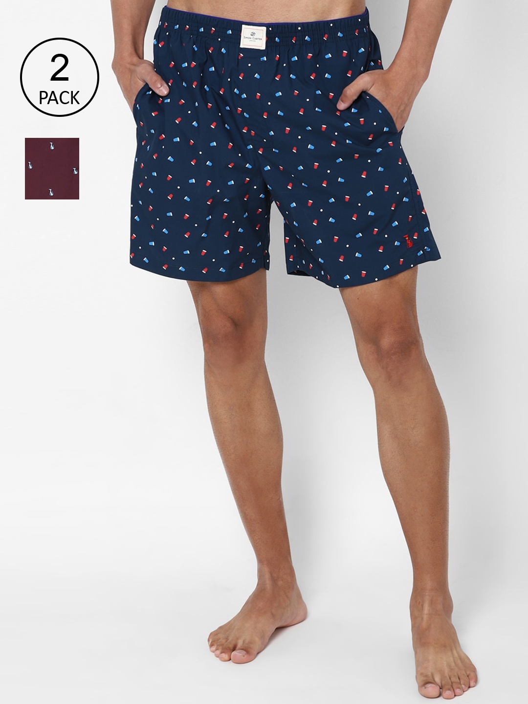 

SIMON CARTER LONDON Pack of 2 Men Maroon Navy Blue Pure Cotton Printed Boxers