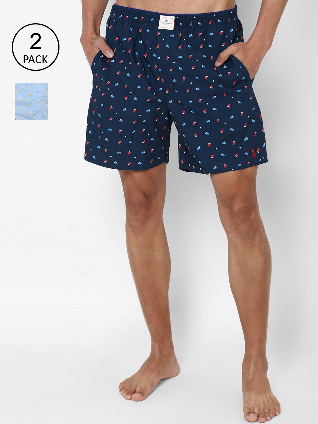 

SIMON CARTER LONDON Men Set Of 2 Blue Printed Pure Cotton Boxers, Navy blue