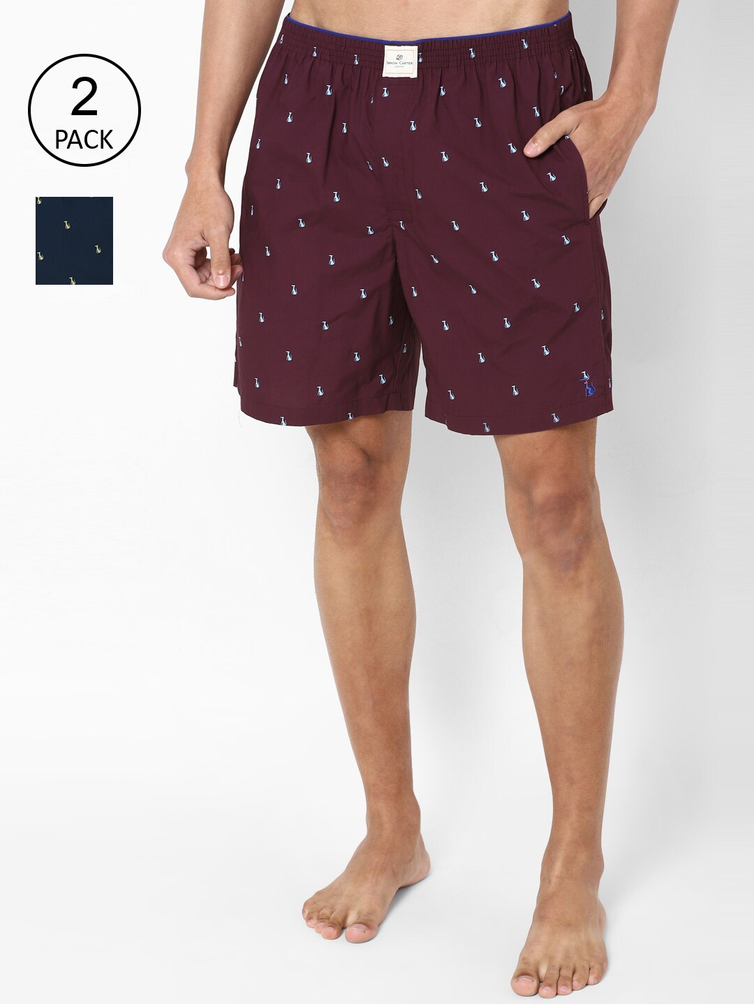 

SIMON CARTER LONDON Men Maroon & Navy Blue Pack of 2 Printed Pure Cotton Boxers