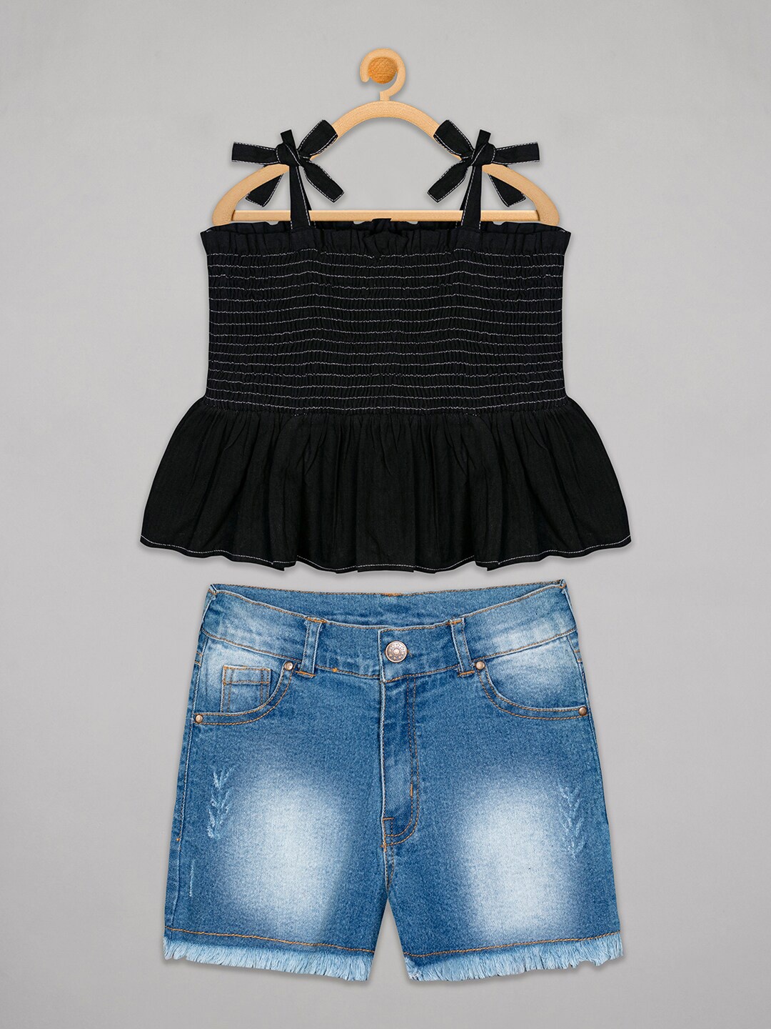 

Olele Girls Black & Blue Smocked Crop Top with Denim Shorts