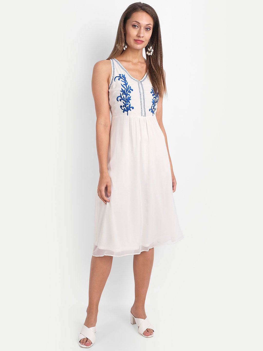 

LY2 Women Cream-Coloured & Blue Embroidered Chiffon Dress