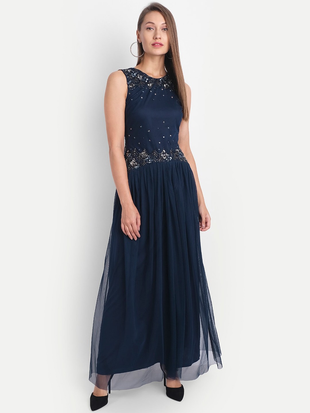 

LY2 Navy Blue Embellished Net Maxi Dress