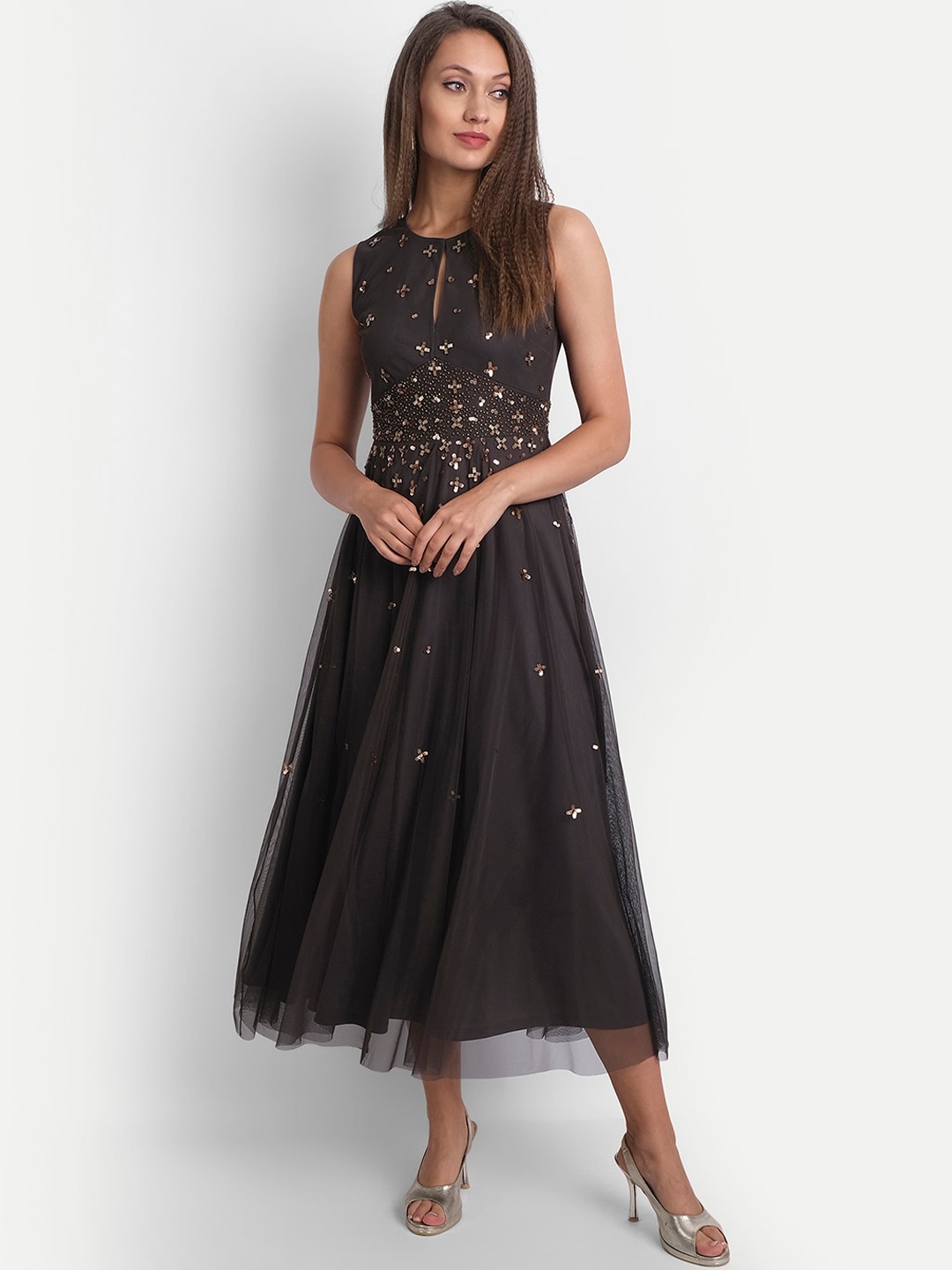 

LY2 Women Grey & Gold-Toned Embellished Net Maxi Dress