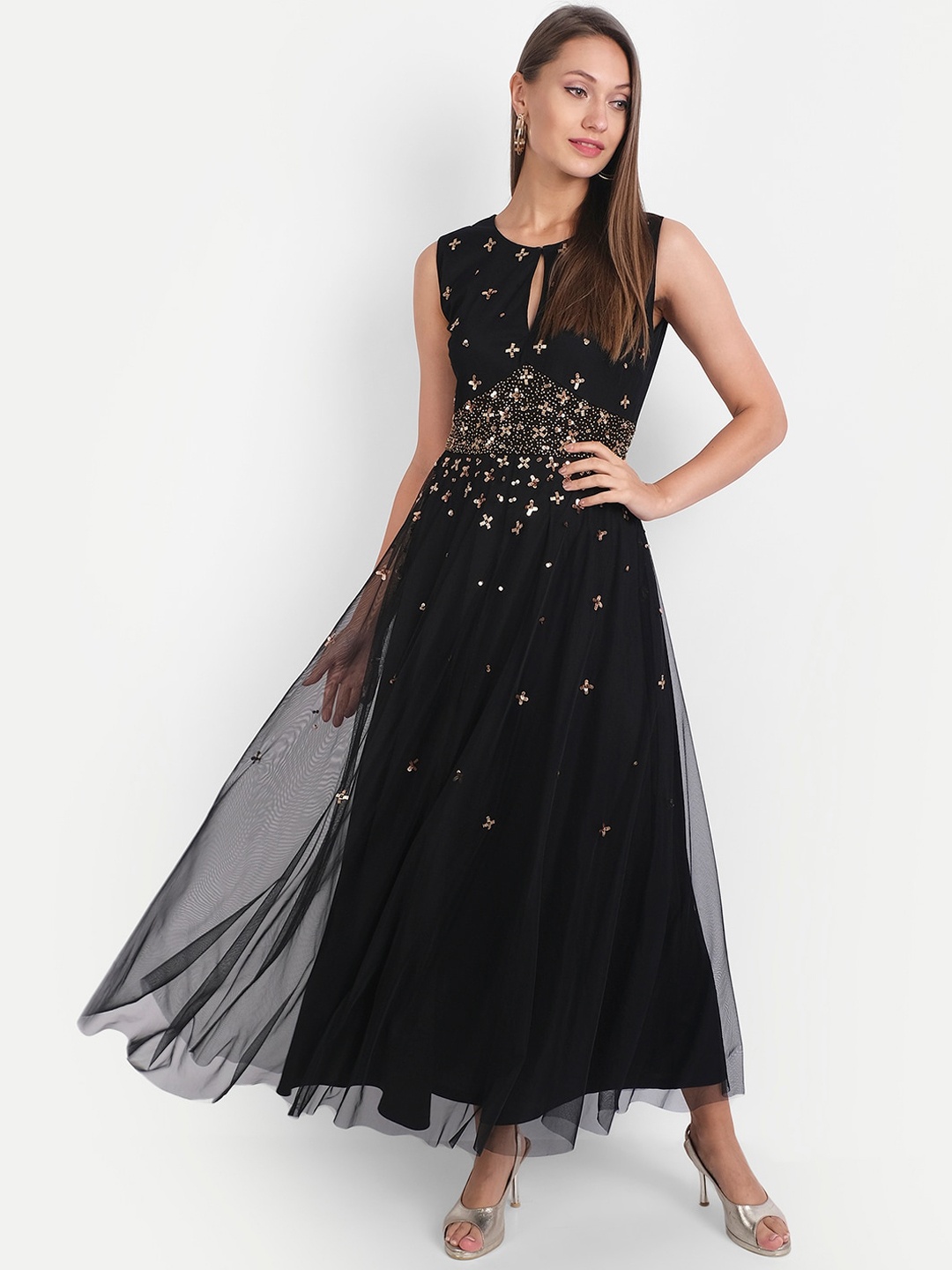 

LY2 Black & Gold-Toned Embellished Net Maxi Dress