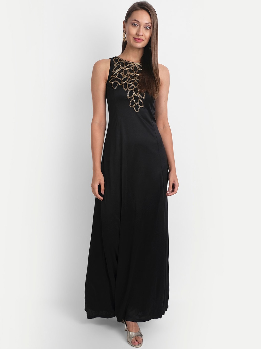 

LY2 Women Black & Gold-Toned Embellished Maxi Dress