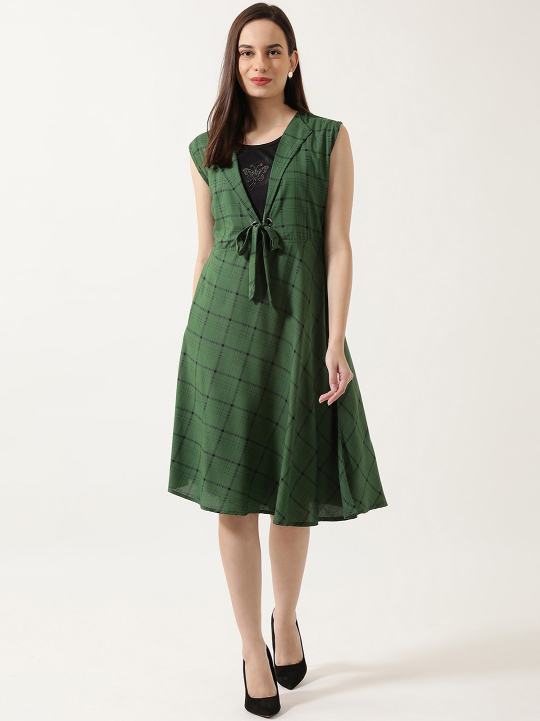

V2 Value & Variety Olive Green & Black Checked Layered A-Line Dress