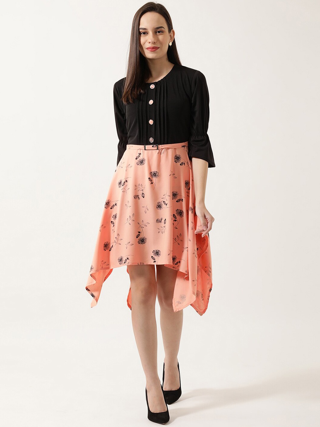 

V2 Value & Variety Women Peach-Coloured & Black Floral Printed Dress