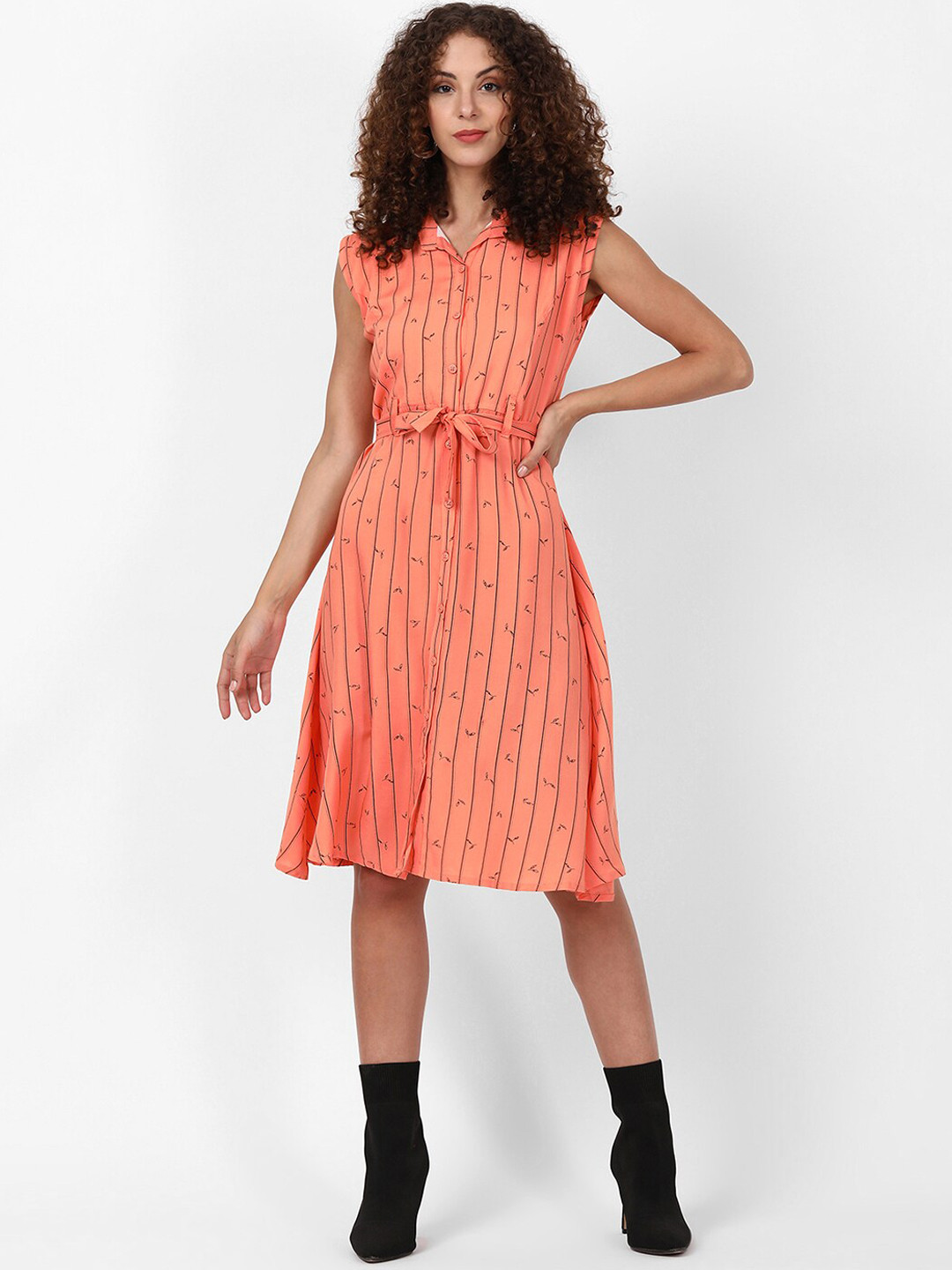 

V2 Value & Variety Women Orange & Black Striped Belted Shirt Dress