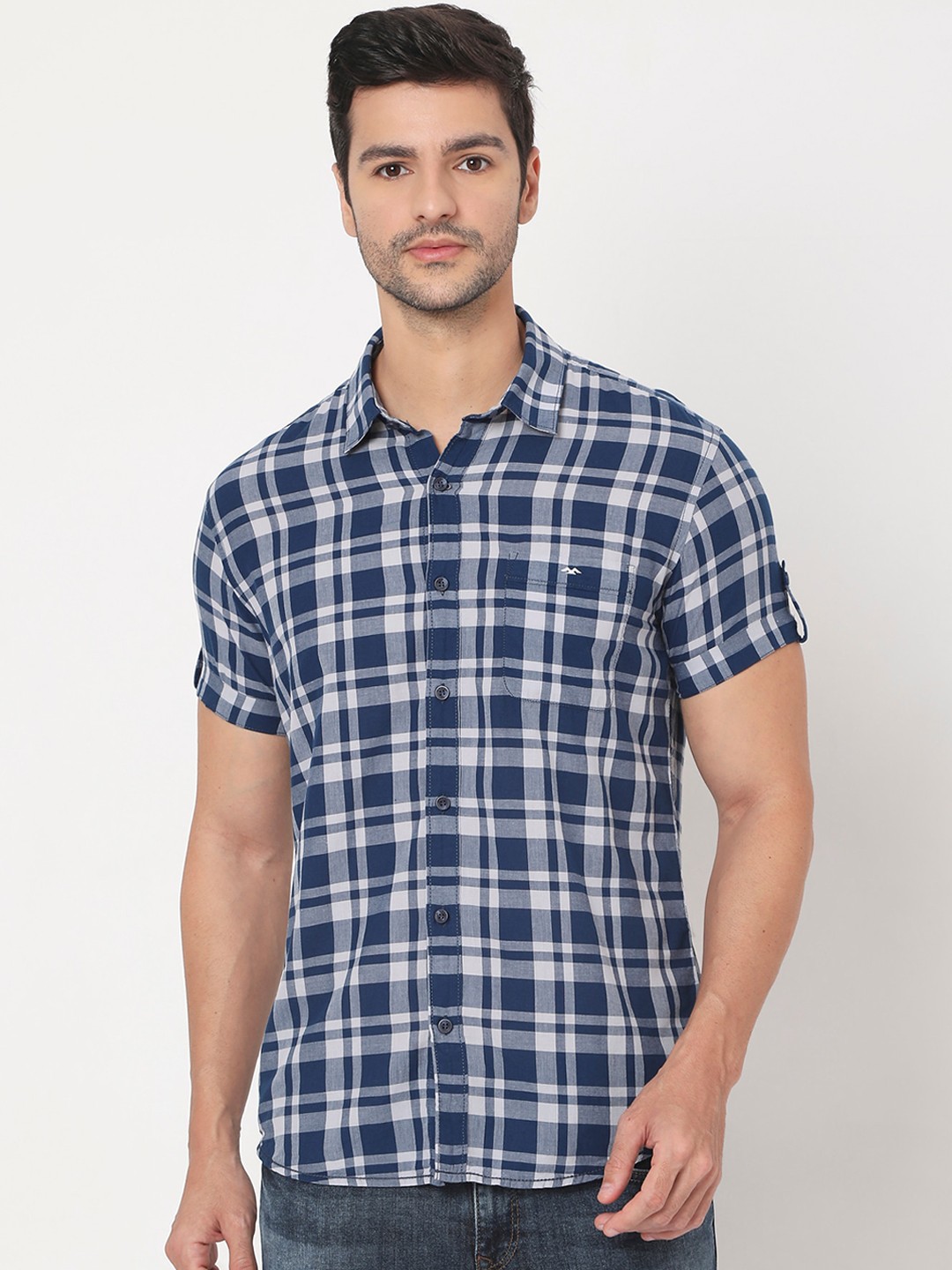 

Mufti Men Navy Blue Slim Fit Tartan Checks Opaque Checked Casual Shirt